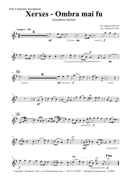 Xerxes Largo - Ombra mai fu - Saxophone Quintet image number null