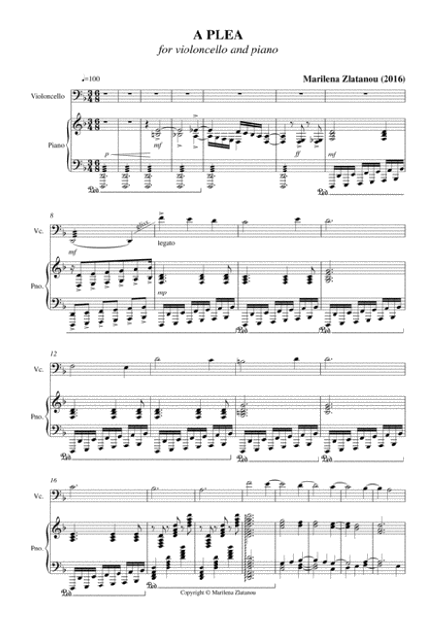 A PLEA, 1 for vlc.and piano duo Piano Accompaniment scores gallery preview page 1