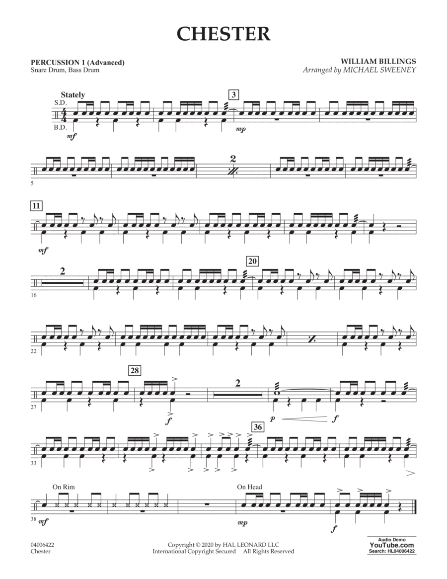 Chester (arr. Michael Sweeney) - Percussion 1 (Advanced)