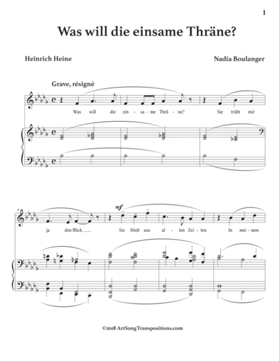 BOULANGER: Was will die einsame Thräne? (transposed to B-flat minor) Voice scores gallery preview page 2