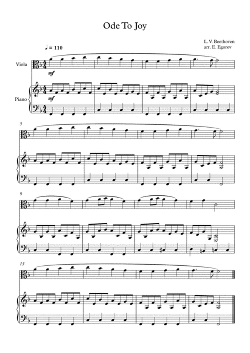 Ode To Joy, Ludwig Van Beethoven, For Viola & Piano image number null