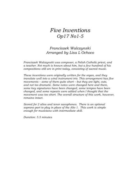 Five Inventions Op17 No1-5 for Saxophone Trio image number null