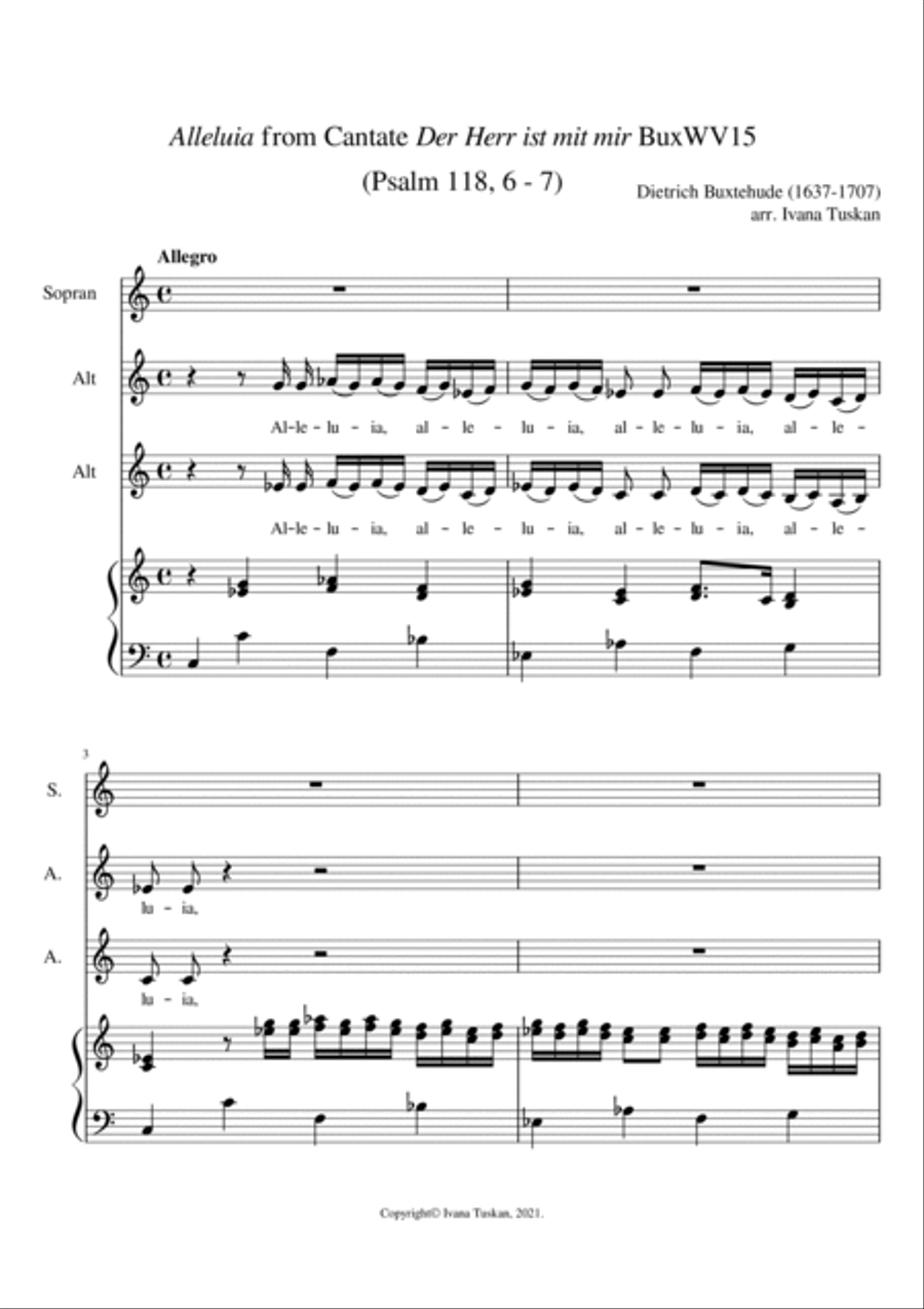 Alleluia from Der Herr ist mit mir Cantate BuxWV15 for SAA and keyboard instrument SSA scores gallery preview page 1