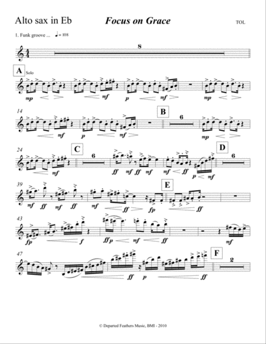 Focus on Grace ... A concerto for jazz saxophone and orchestra (2010) Alto saxophone solo part Alto Saxophone scores gallery preview page 1