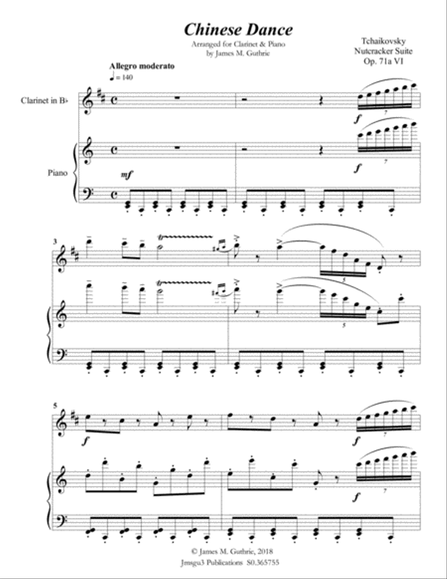 Tchaikovsky: Chinese Dance from Nutcracker Suite for Clarinet & Piano B-Flat Clarinet scores gallery preview page 2