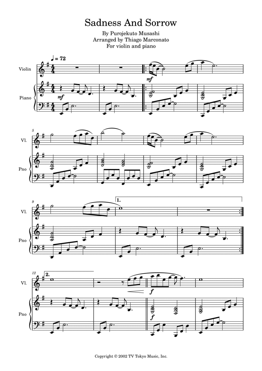 Sadness And Sorrow Violin Solo scores gallery preview page 1