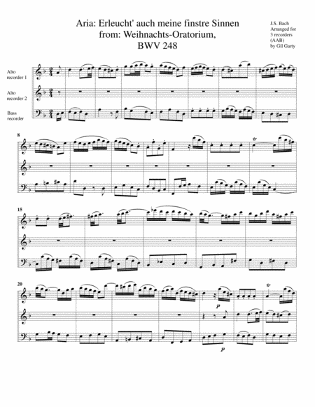 Aria: Erleucht' auch meine finstre Sinnen from: Weihnachts-Oratorium, BWV 248 (arrangement for 3 re