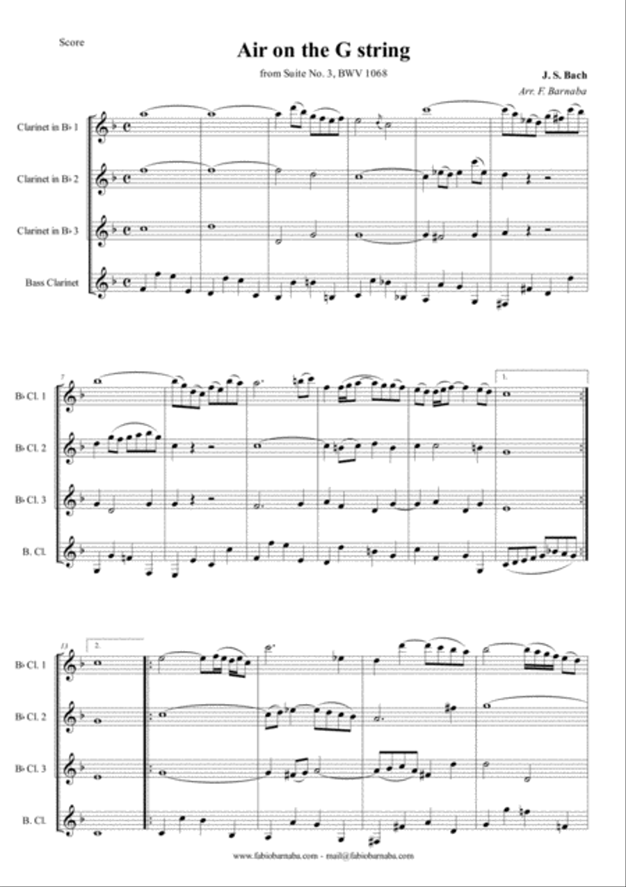 Air on the G string - for Clarinet Quartet or Clarinet Choir Clarinet Choir scores gallery preview page 2