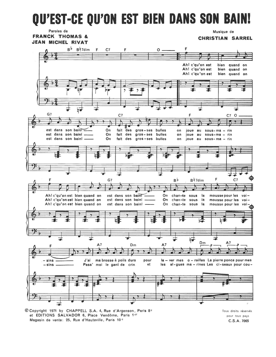 Qu'est Ce Qu'on Est Bien Dans Son Bain Piano, Vocal scores gallery preview page 1