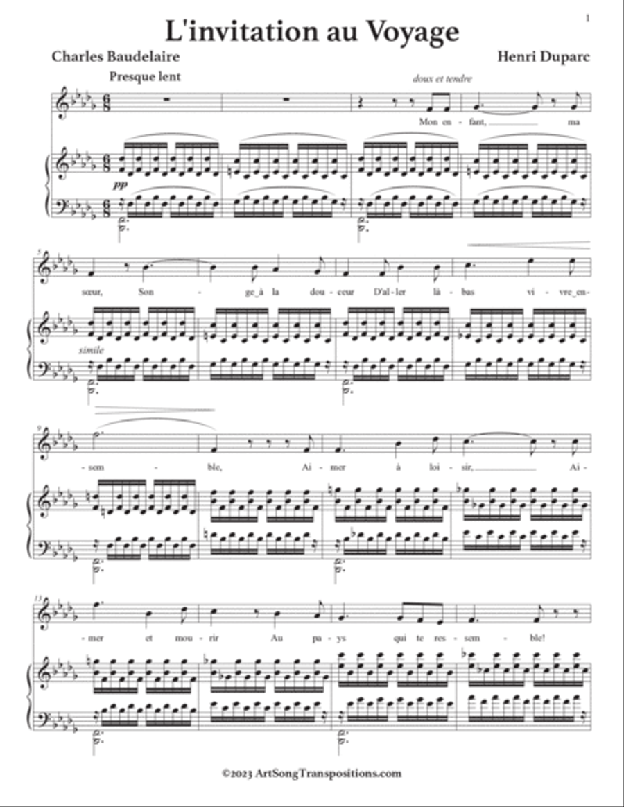 DUPARC: L'invitation au Voyage (transposed to B-flat minor) Voice scores gallery preview page 2