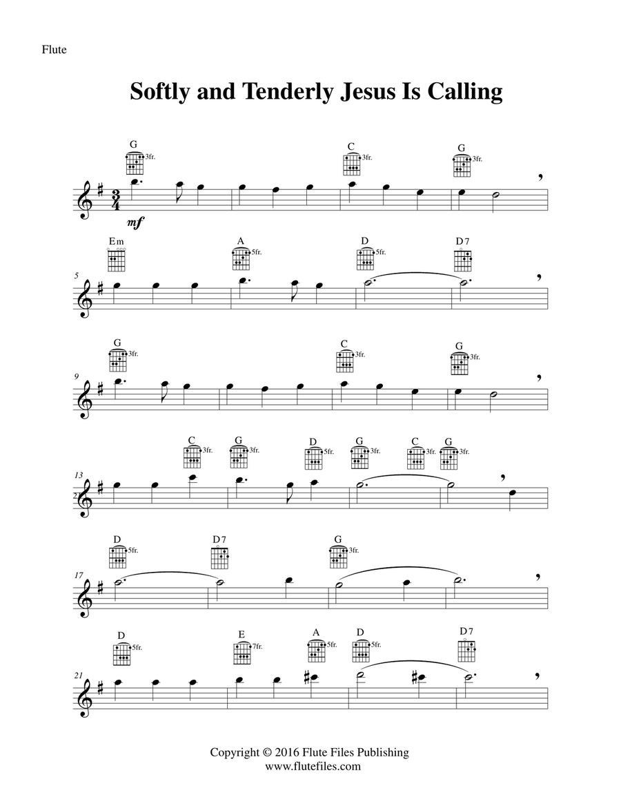 Softly and Tenderly Jesus Is Calling - Flute Solo with Guitar Chords Chamber Music scores gallery preview page 3