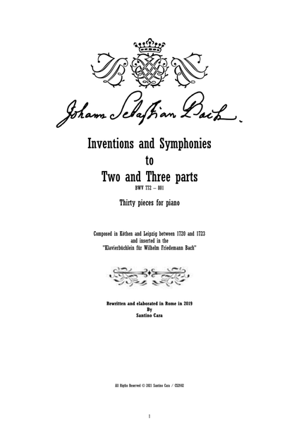 Bach - Inventions and Symphonies to 'Two and Three Parts' for Piano - Full scores
