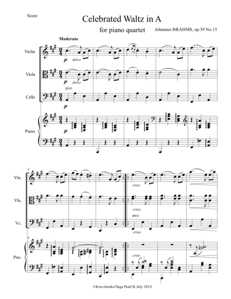 Johannes Brahms - Celebrated Waltz in A arr. for piano quartet (score and parts)