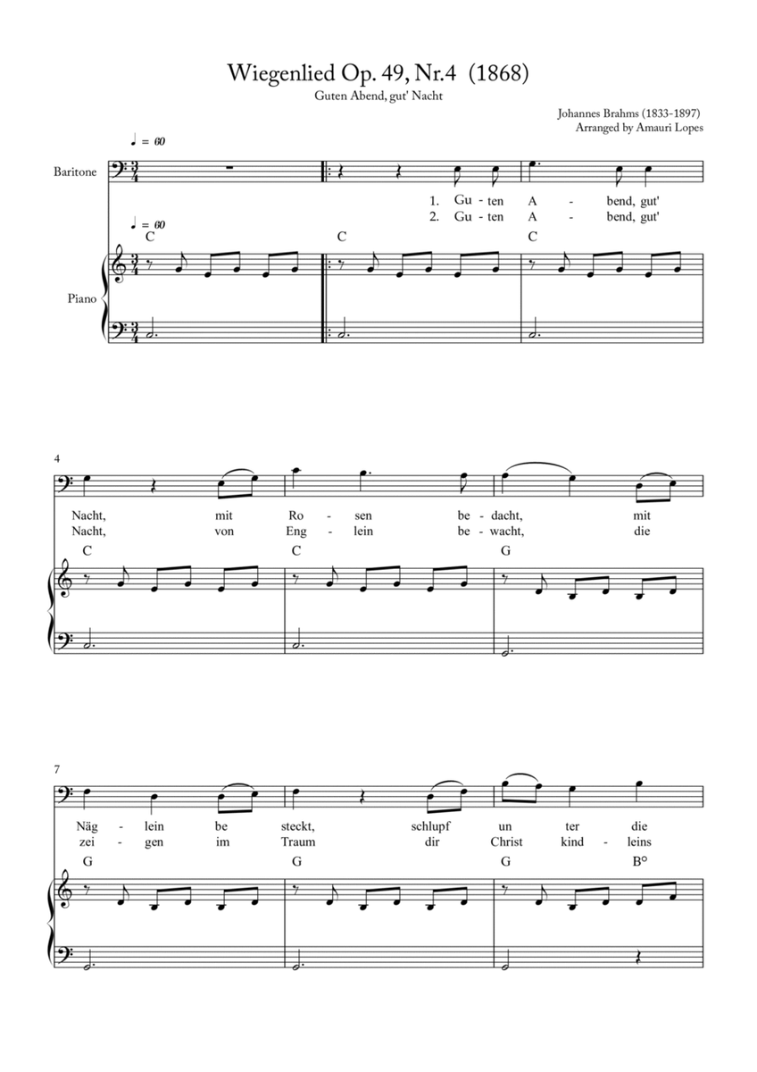 Wiegenlied Op. 49, Nr.4 (1868) - Lullaby - Key C image number null