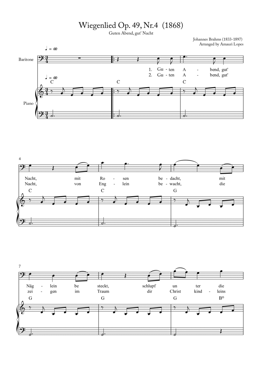 Wiegenlied Op. 49, Nr.4 (1868) - Lullaby - Key C Piano, Vocal, Guitar scores gallery preview page 1