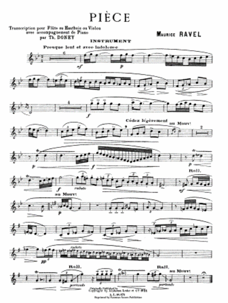 Piece [en forme de habanera] Transcription pour flute ou hautbois ou violon avec accompagnement de piano par Th. Doney.