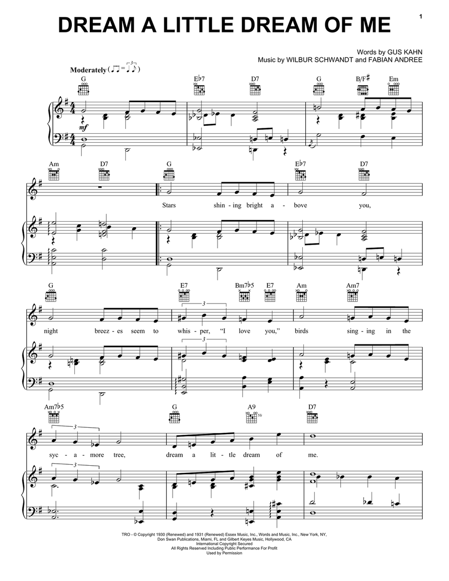 Dream A Little Dream Of Me Piano, Vocal, Guitar scores gallery preview page 1