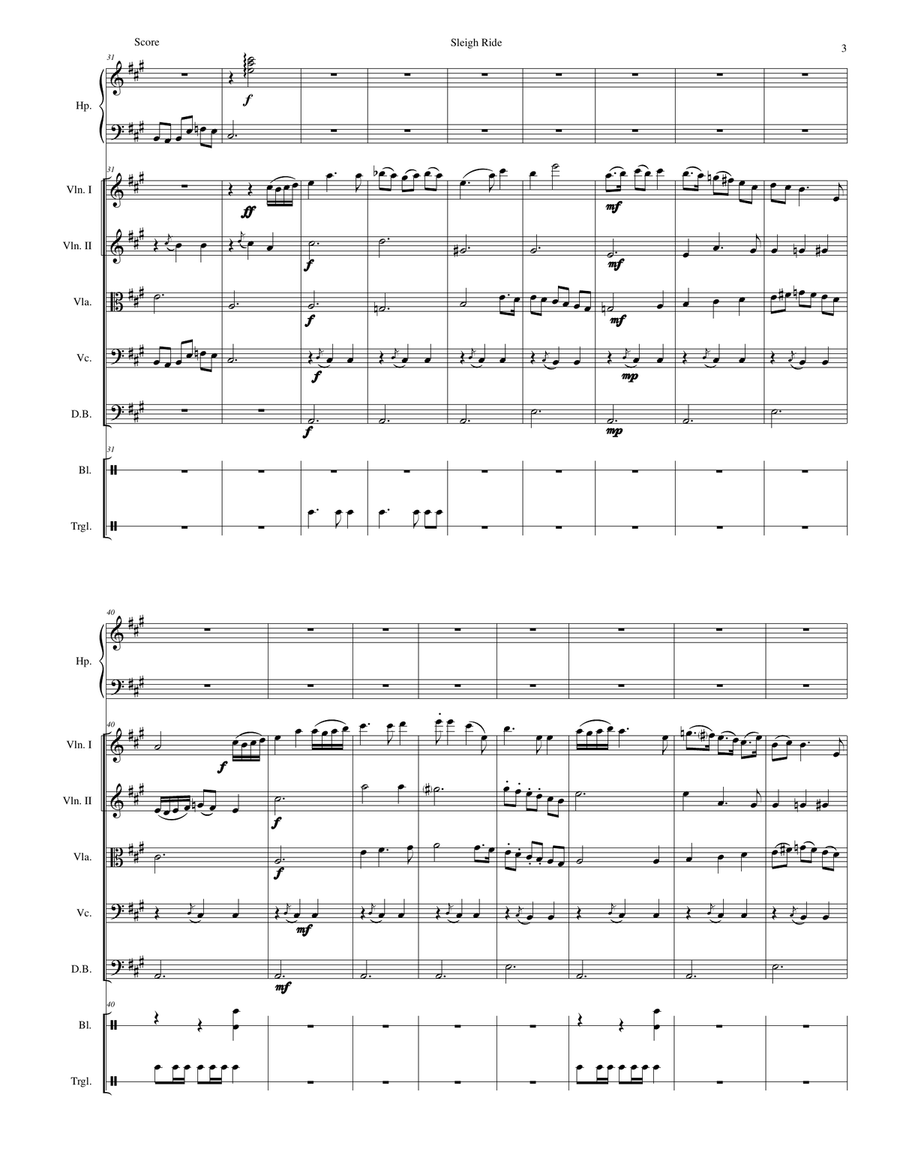 Sleigh ride for strings, harp, bells and triangle String Orchestra scores gallery preview page 3