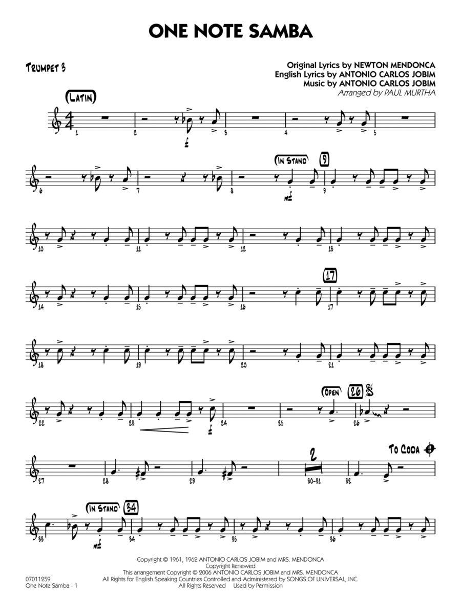 One Note Samba (arr. Paul Murtha) - Trumpet 3