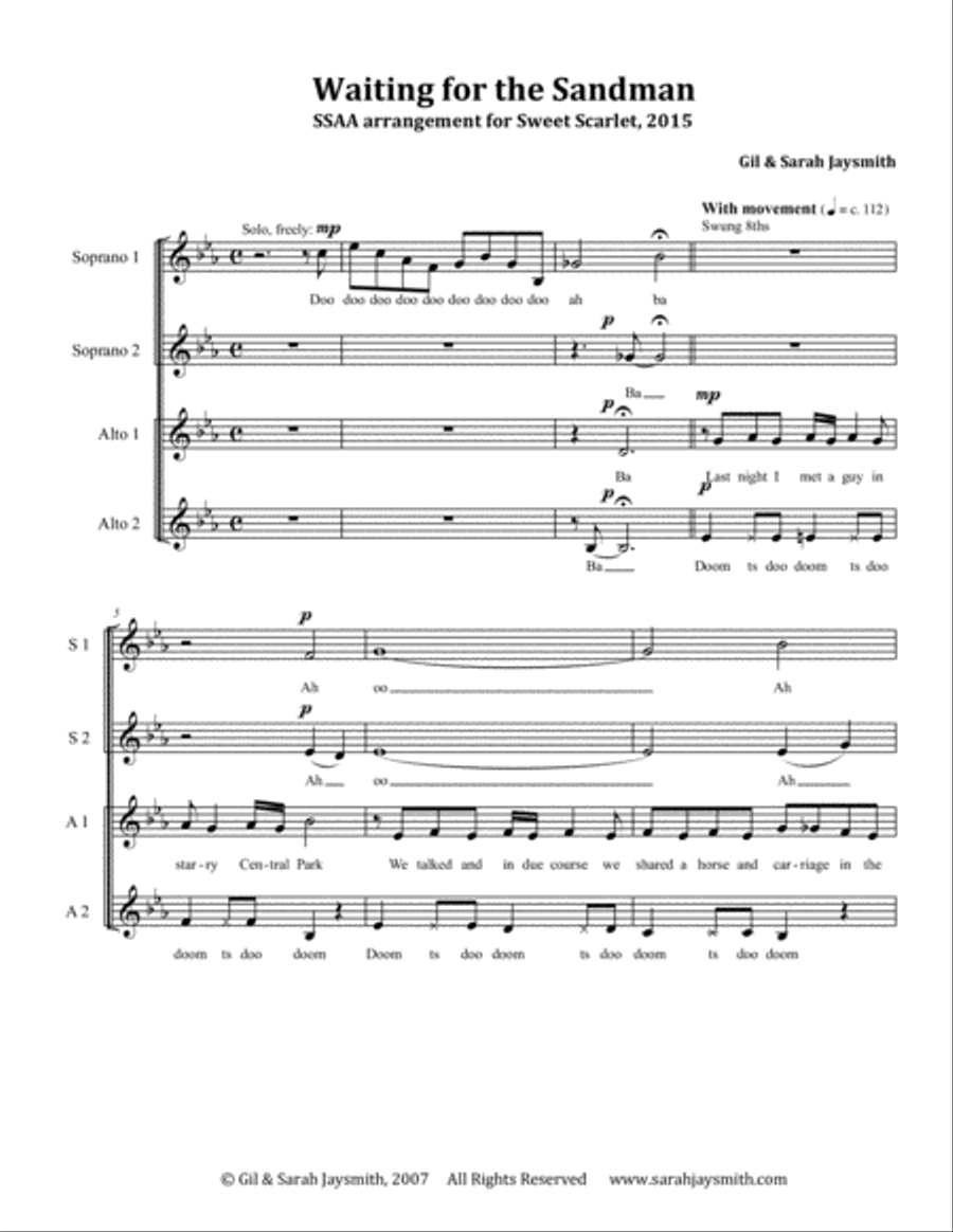 Waiting for the Sandman (SSAA, a cappella) - original jazz song by Sarah and Gil Jaysmith SSAA scores gallery preview page 1