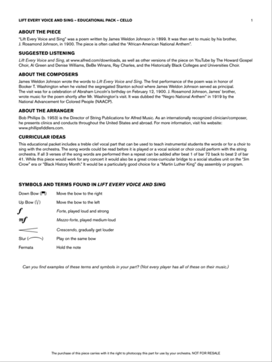 Lift Every Voice and Sing: Cello Educational Pack String Orchestra scores gallery preview page 1