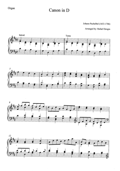 Pachelbel - Canon in D - Arranged by Rafael Dengra - Organ Part