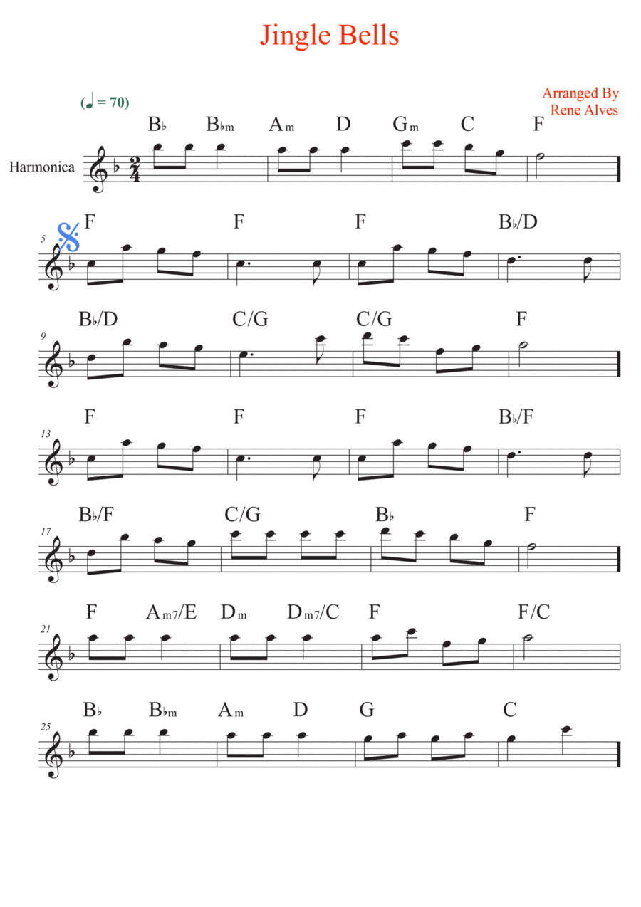 jingle bells, Christmas music of cipher and melody for harmonica Harmonica scores gallery preview page 1