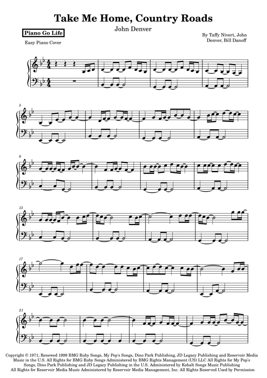 Take Me Home, Country Roads Easy Piano scores gallery preview page 1