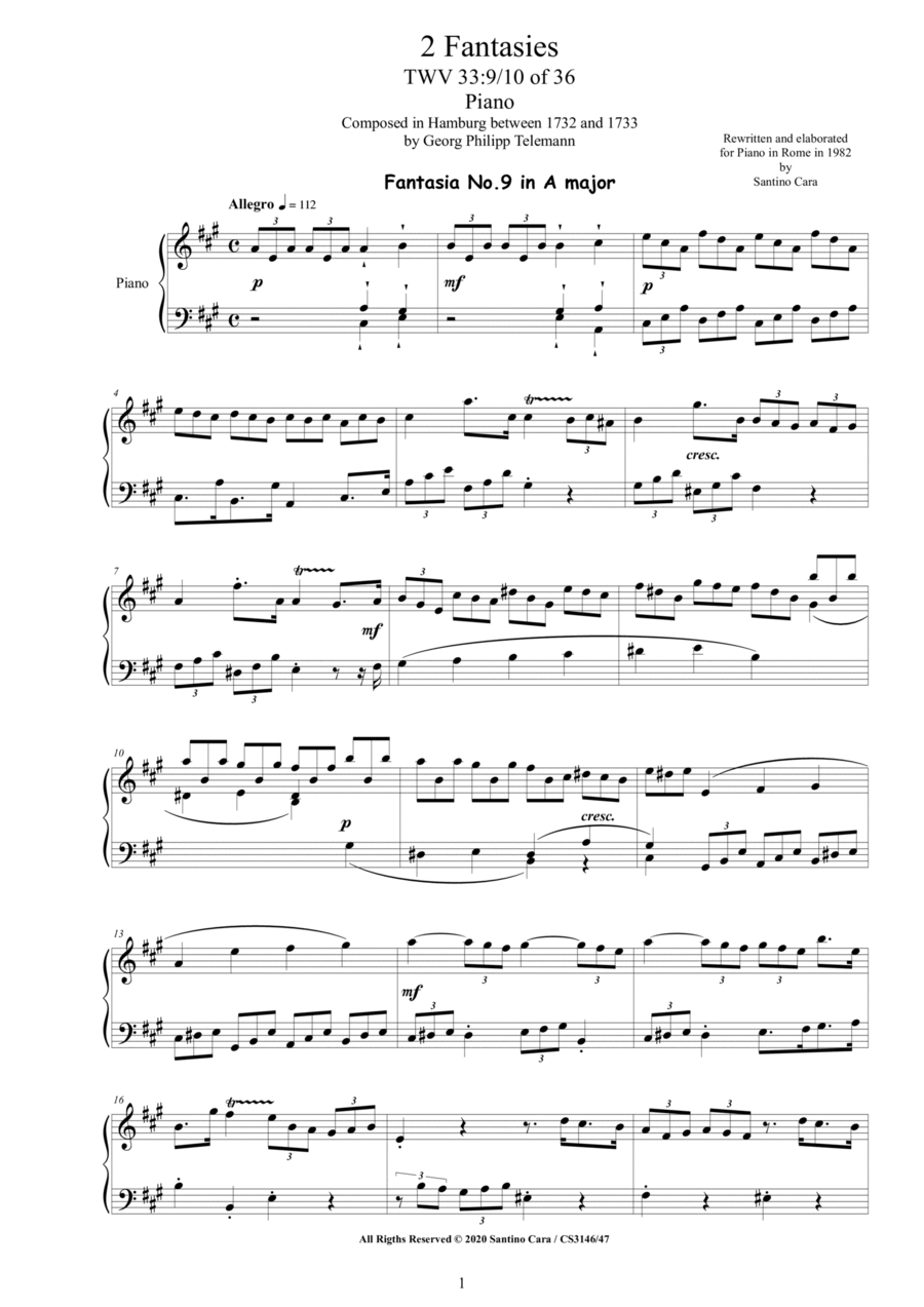 Teleman - 2 Fantasies in (A major A minor) TWV 33 No.9-10 of 36 for Piano Piano Solo scores gallery preview page 1