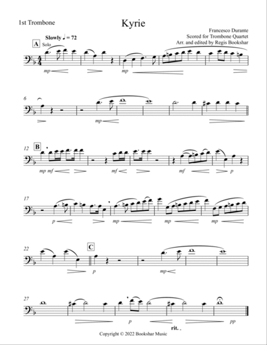 Kyrie (Durante) (Trombone Quartet) Brass Quartet scores gallery preview page 4