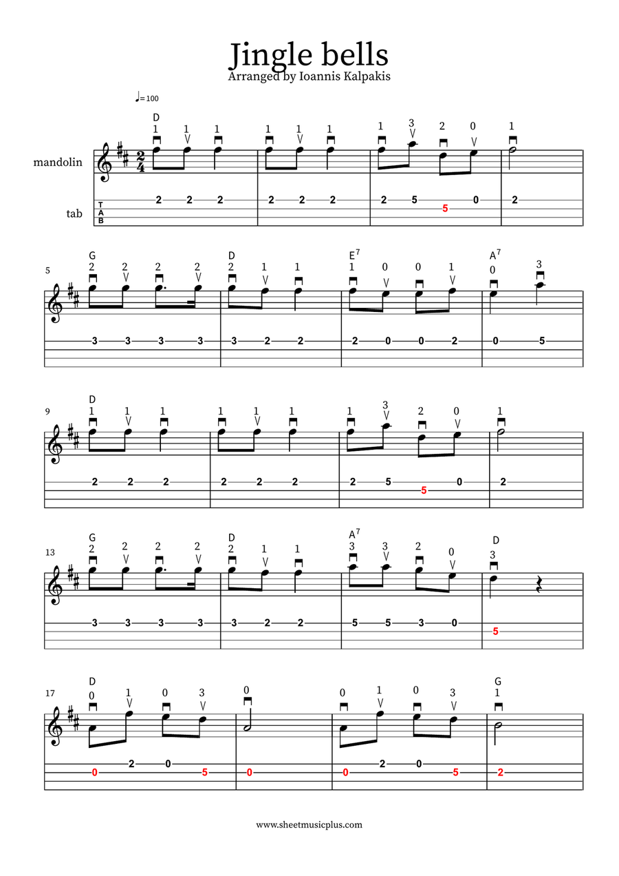 Jingle bells. Mandolin sheet music and tablature Mandolin scores gallery preview page 1