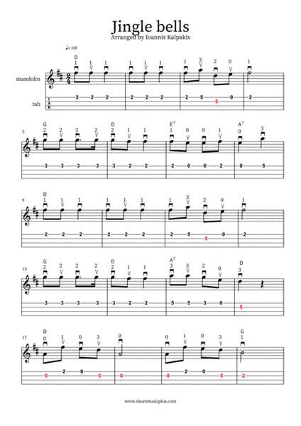 Jingle bells. Mandolin sheet music and tablature Mandolin - Digital Sheet Music