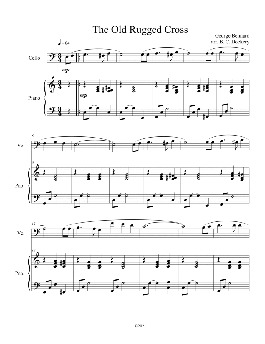The Old Rugged Cross (cello solo) with optional piano accompaniment Piano scores gallery preview page 1