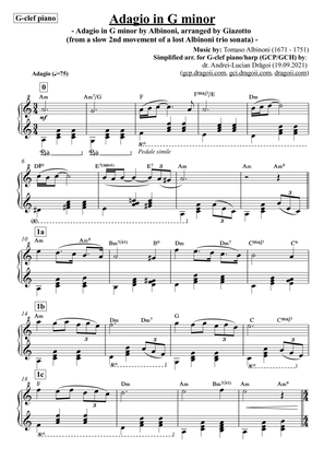 Albinoni (Tomaso) - Adagio in G minor - simplified arr. in A minor for G-clef piano/harp (GCP/GCH)