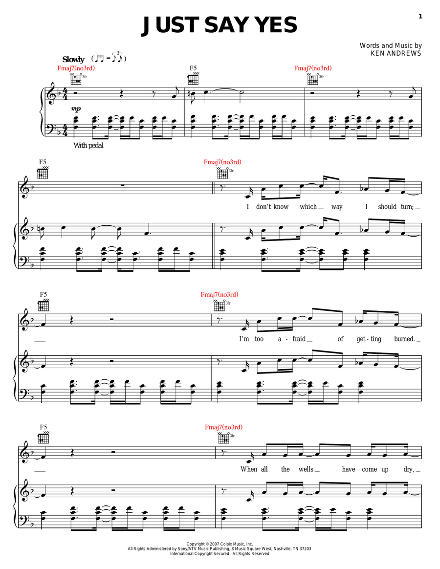 Just Say Yes Piano, Vocal, Guitar scores gallery preview page 1