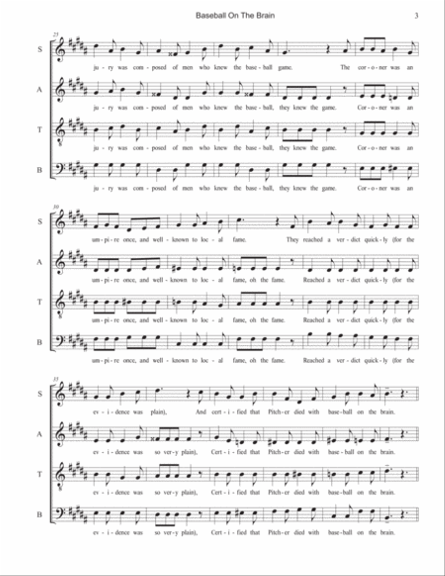 Baseball Songs: 2. Baseball on the Brain 4-Part scores gallery preview page 3