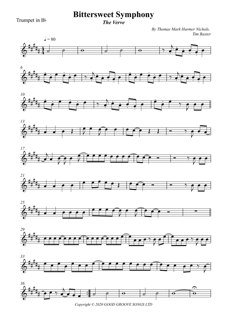 Bittersweet Symphony B-Flat Trumpet scores gallery preview page 1