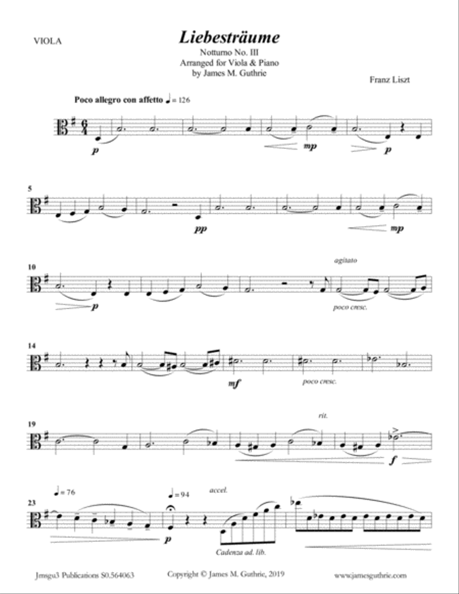 Liszt: Liebestraume for Viola & Piano Viola scores gallery preview page 1