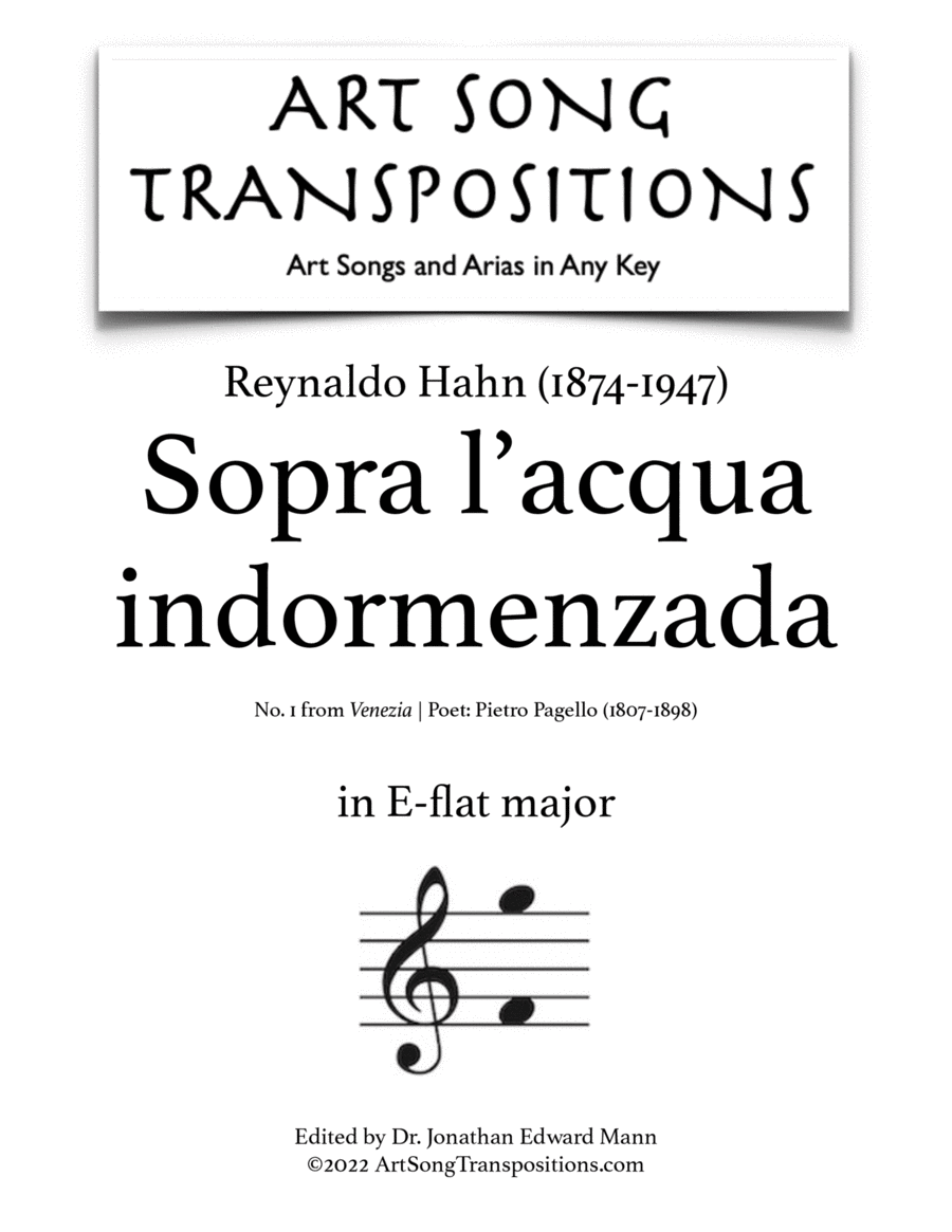 HAHN: Sopra l'acqua indormenzada (transposed to E-flat major) Voice scores gallery preview page 1