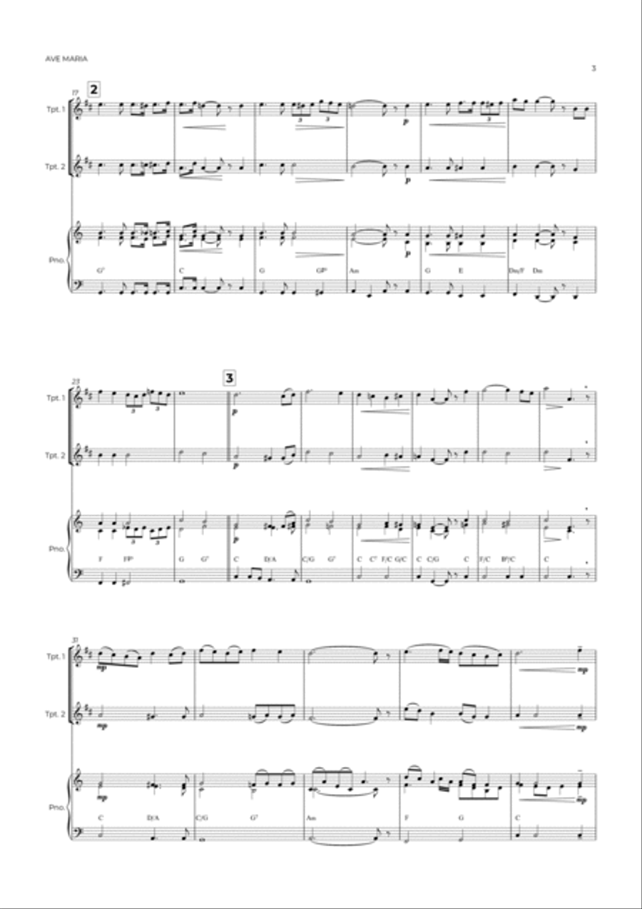 AVE MARIA - SCHUBERT - BRASS PIANO TRIO (TRUMPET 1, TRUMPET 2 & PIANO) Trumpet Trio scores gallery preview page 3