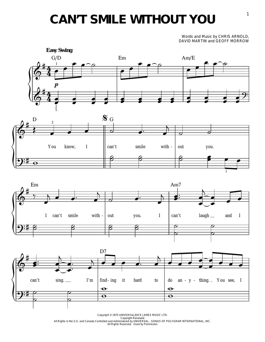 Can't Smile Without You Can't Smile Without You Easy Piano scores gallery preview page 1