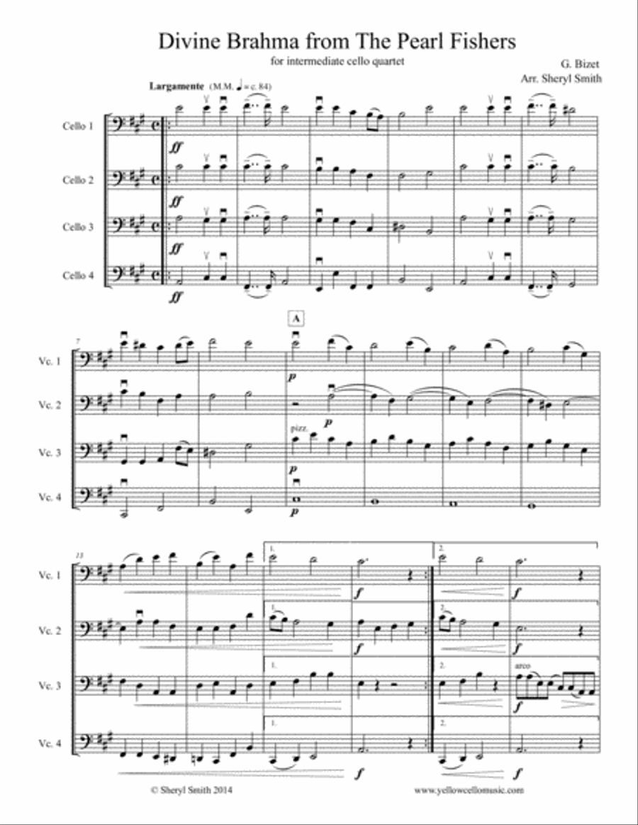 Divine Brahma, from Bizet's opera The Pearl Fishers, arranged for intermediate cello quartet Cello scores gallery preview page 1