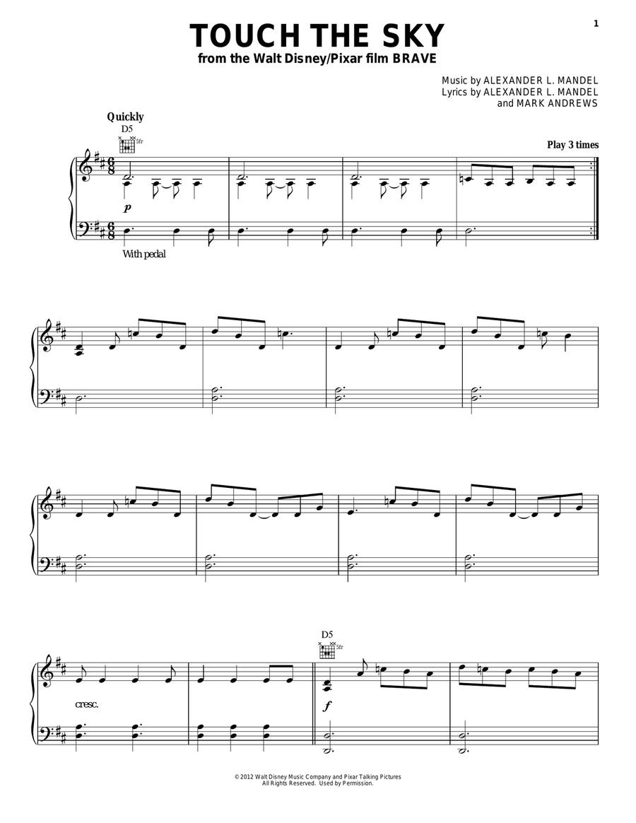Touch The Sky (From Brave) Piano, Vocal, Guitar scores gallery preview page 1