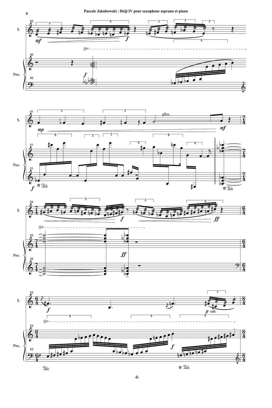 Pascale Jakubowski : Ibéji IV for soprano saxophone and piano Soprano Saxophone scores gallery preview page 6