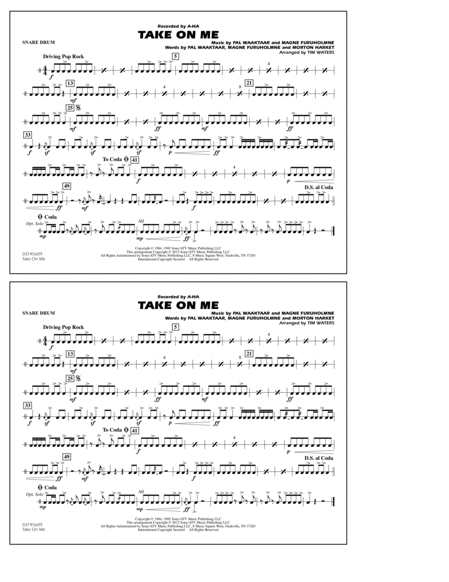 Take On Me - Snare Drum Marching Band scores gallery preview page 1