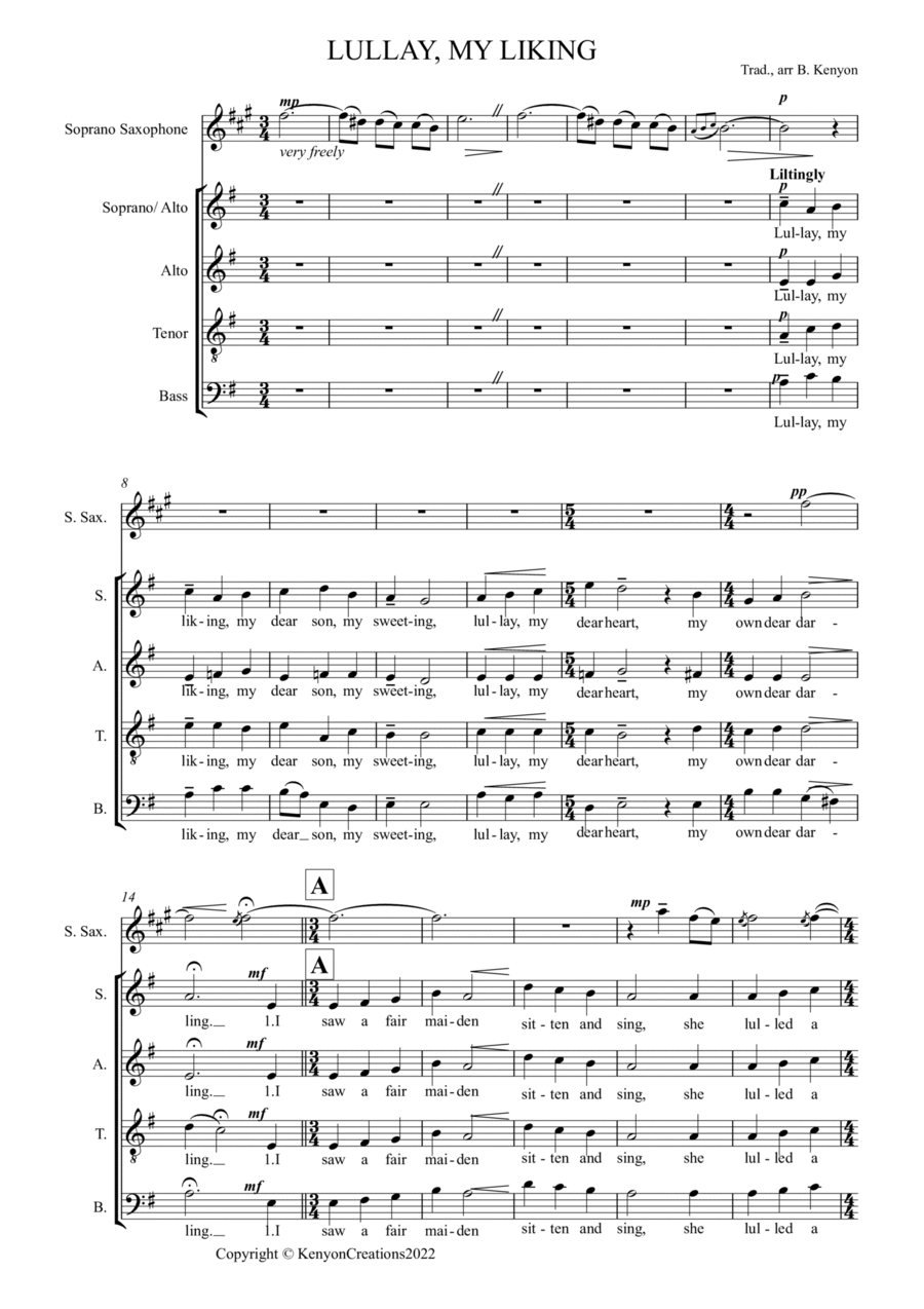 Lullay My Liking, for SATB chorus/ Soprano Saxophone 4-Part scores gallery preview page 1