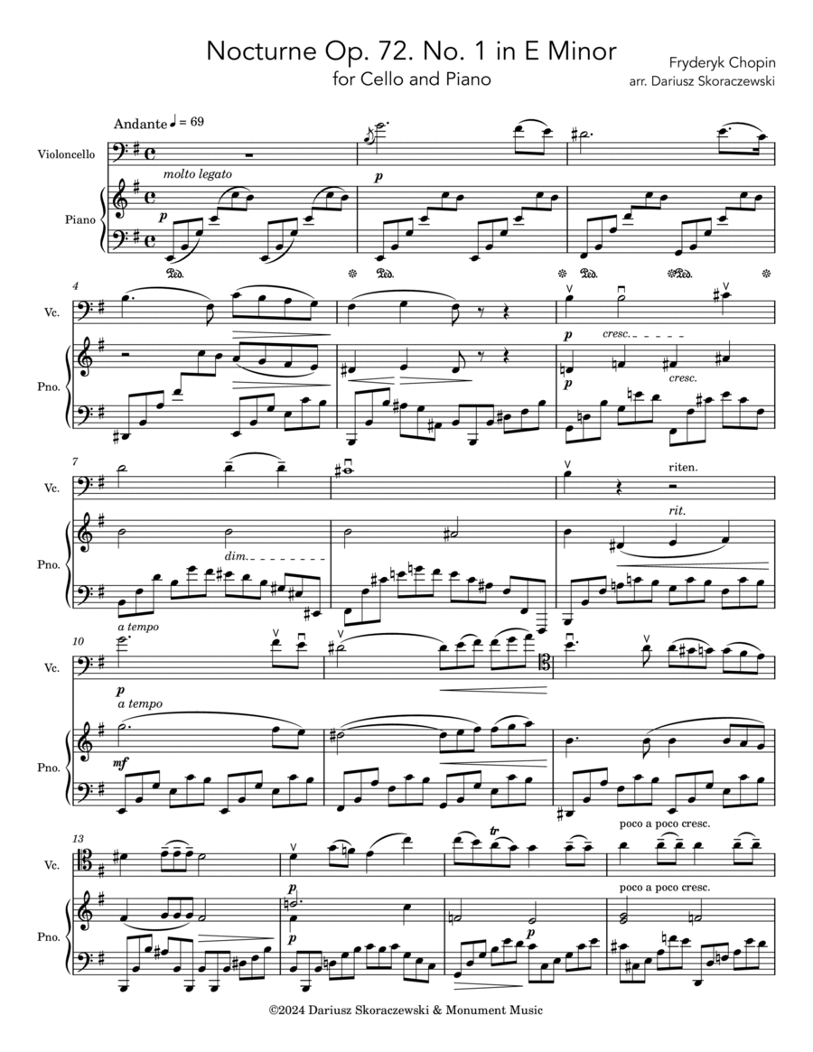 Chopin - Nocturne Op. 72. No. 1 in E Minor for Cello and Piano Chamber Music scores gallery preview page 1
