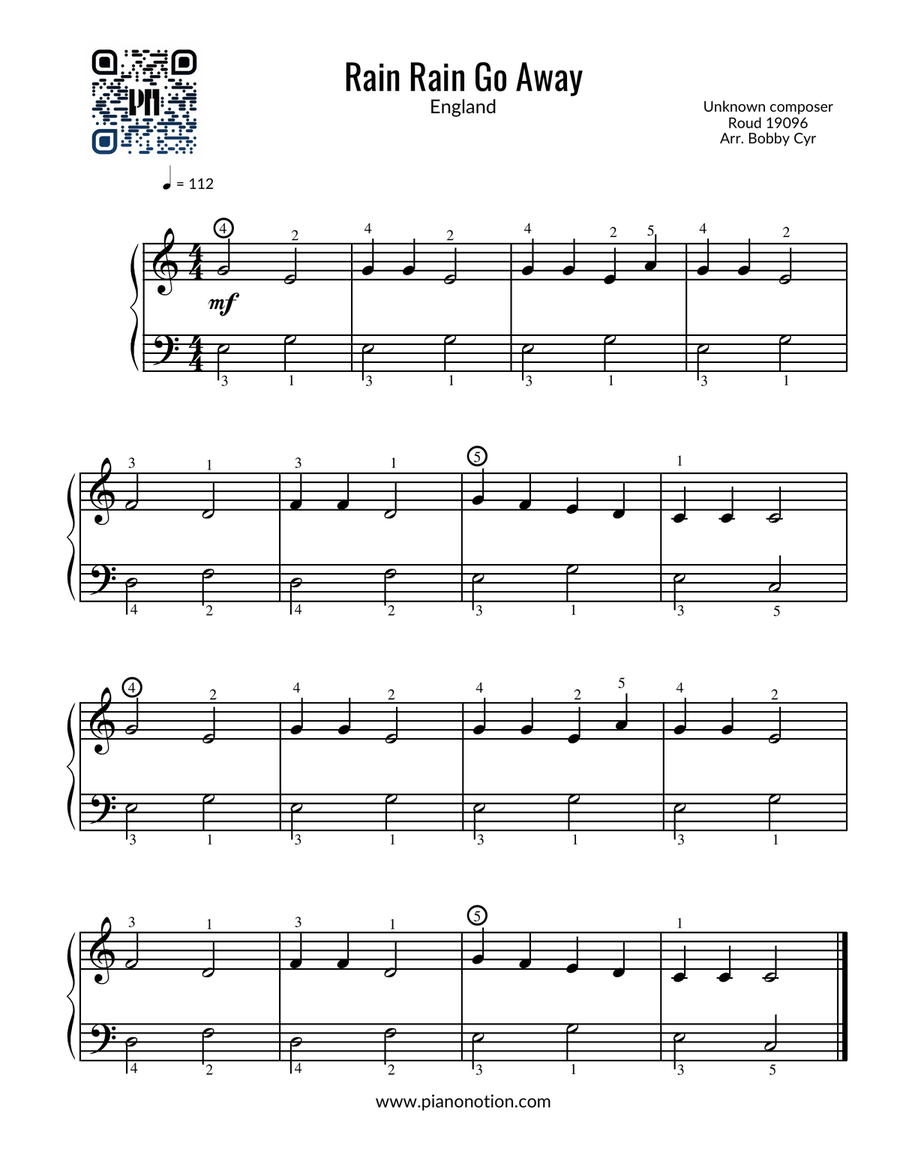 Rain Rain Go Away - Nursery Rhymes (Easy Piano Solo) Easy Piano scores gallery preview page 1