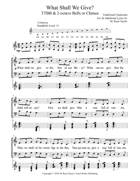 What Shall We Give? : A Christmas Carol for TTBB Choir & 2 octave Handbells or Hand Chimes image number null