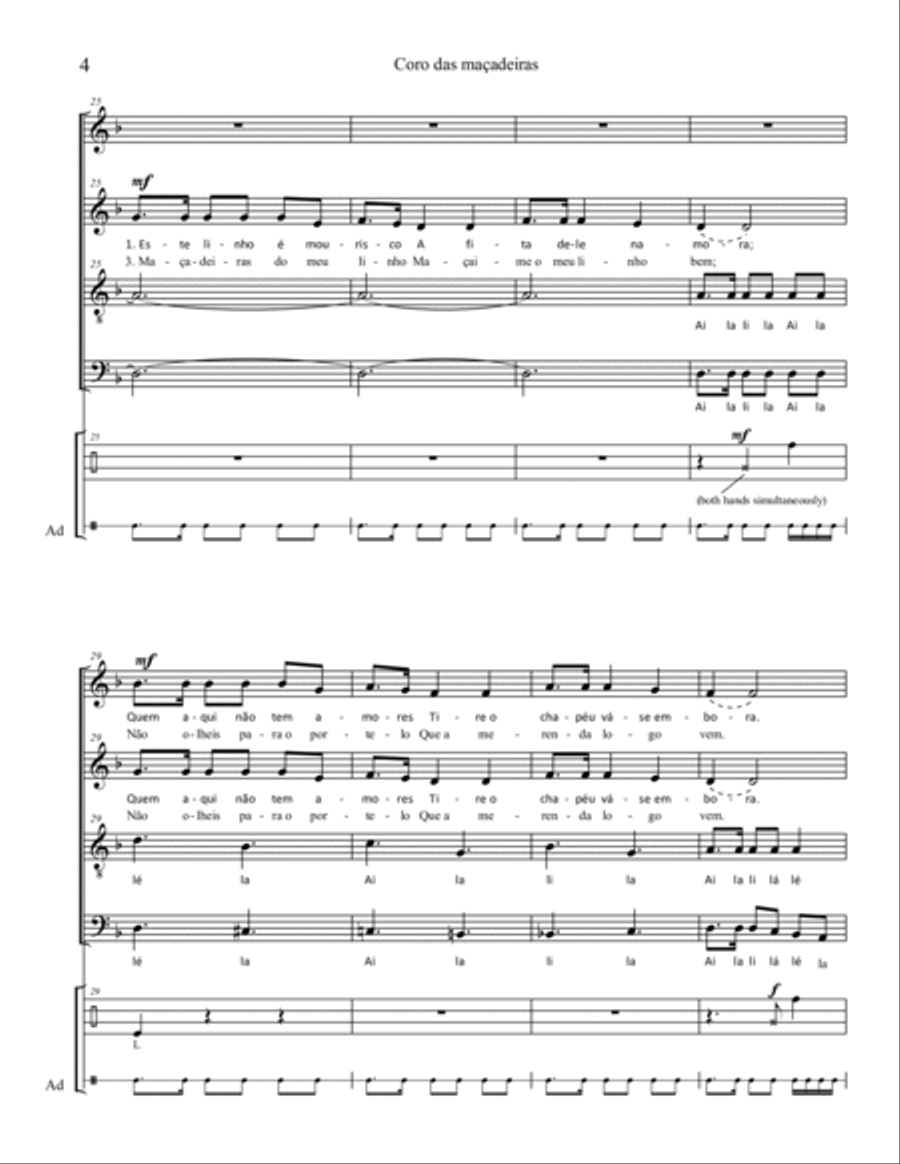 Coro das Maçadeiras (SATB and percussion) - with optional String Orchestra or Brass Quartet 4-Part scores gallery preview page 4